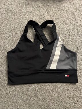 Tommy Hilfiger Black, Gray & White Striped Cross-Back Sports Bra